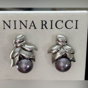 Nina Ricci Silver Leaf Drop Earrings with Gray Pearls-NWT